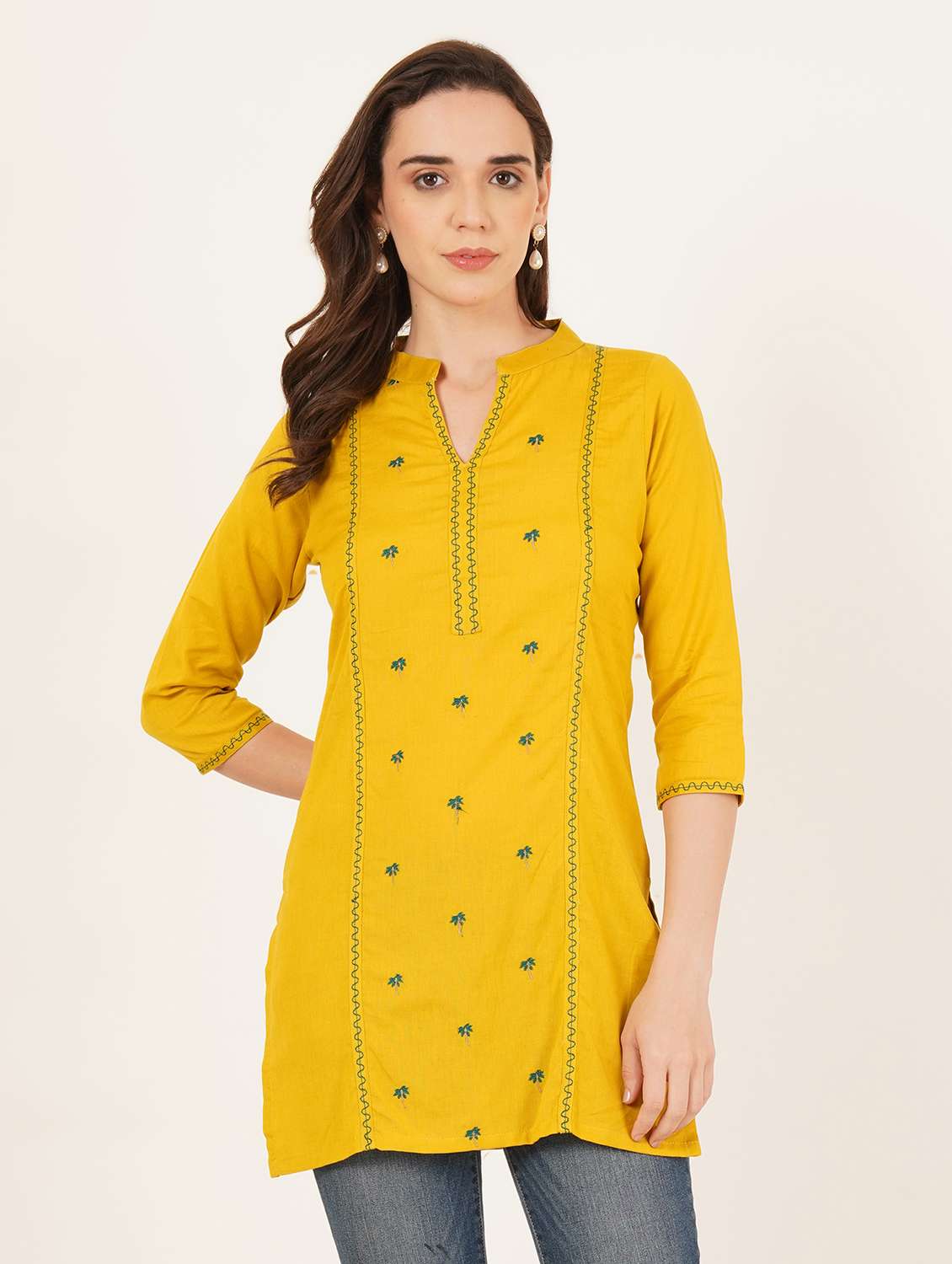 women embroidered three quarter sleeve straight kurti