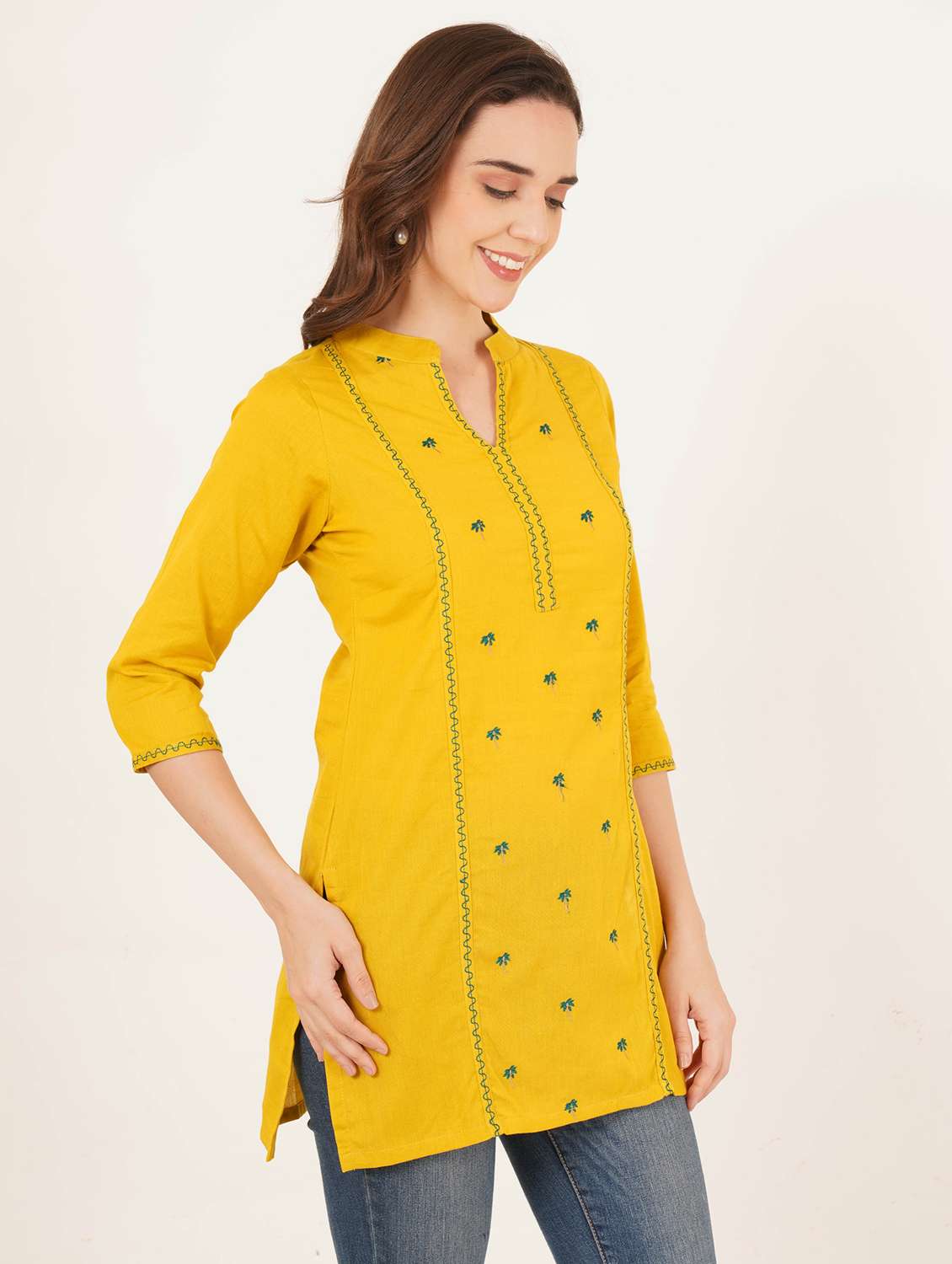 women embroidered three quarter sleeve straight kurti - 22068284 -  Standard Image - 2