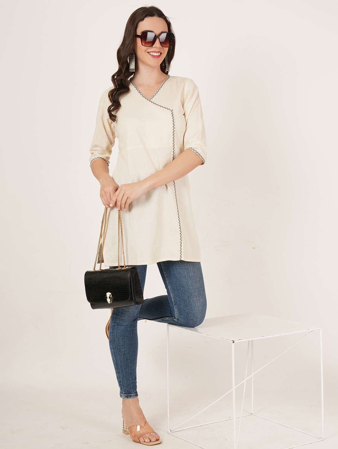 women embroidered three quarter sleeve angrakha kurti