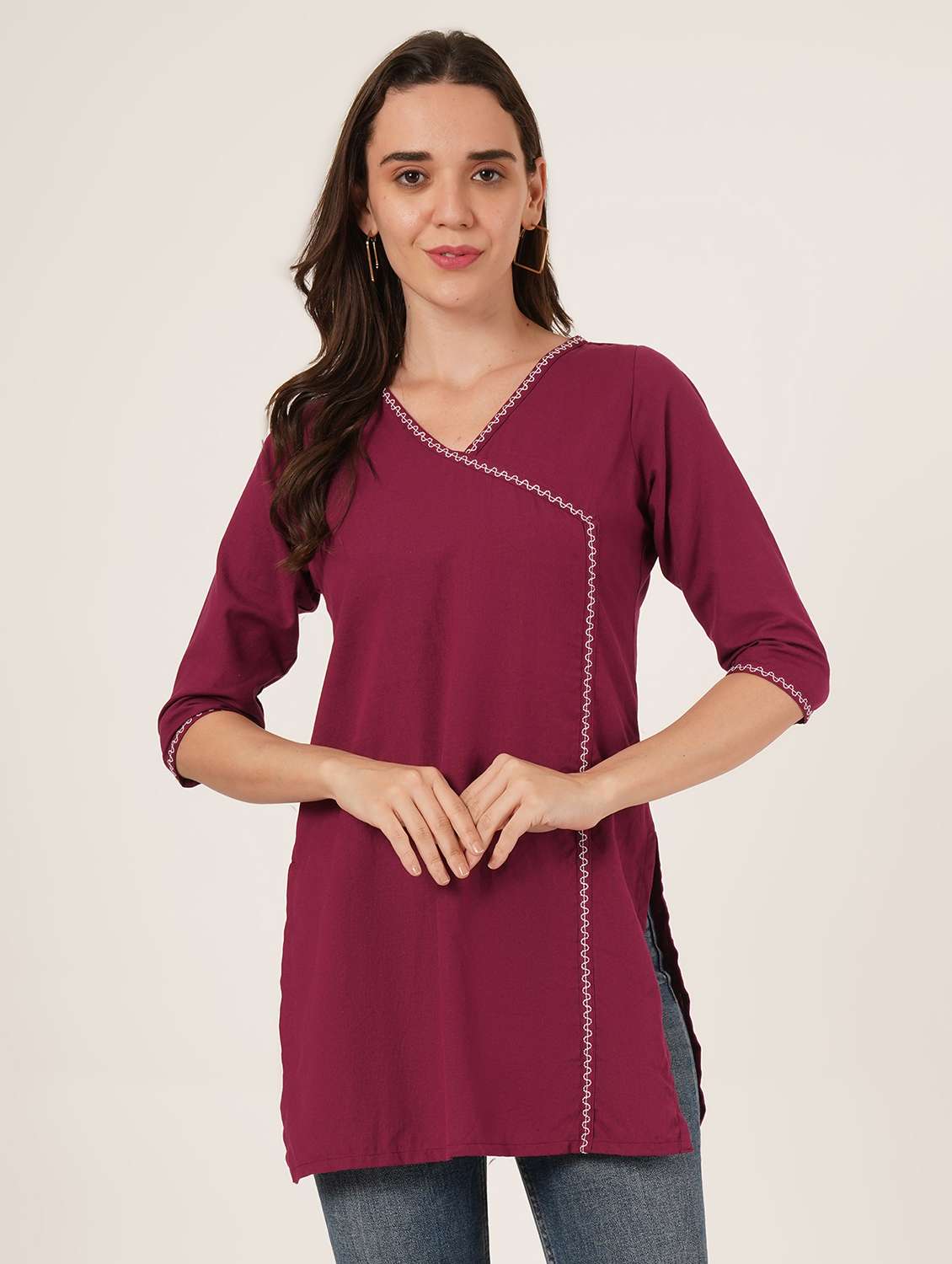 women embroidered three quarter sleeve angrakha kurti