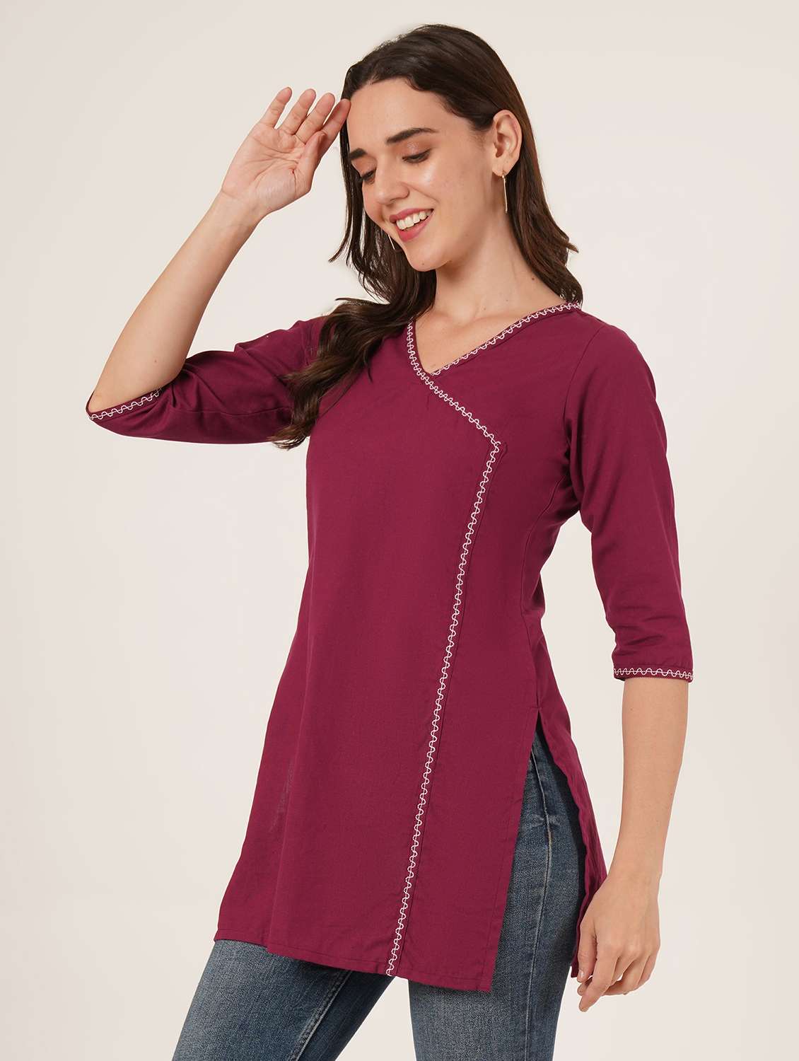 women embroidered three quarter sleeve angrakha kurti - 22068289 -  Standard Image - 2