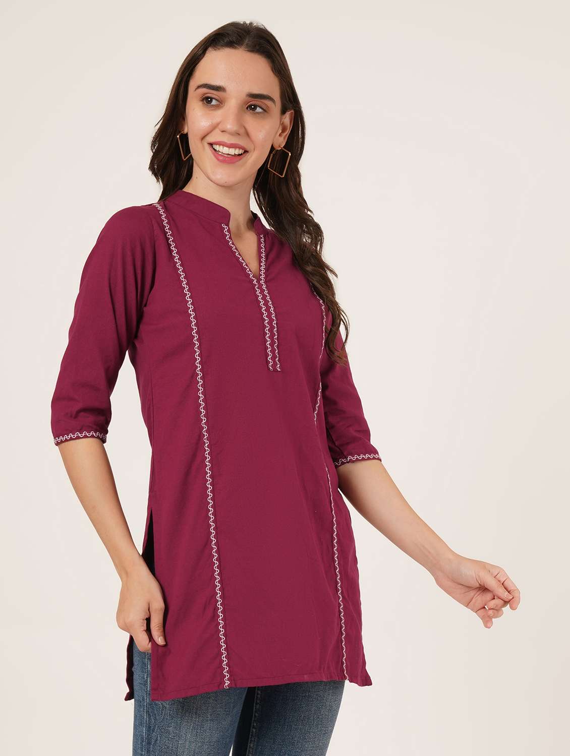 women embroidered three quarter sleeve straight kurti - 22068292 -  Standard Image - 2