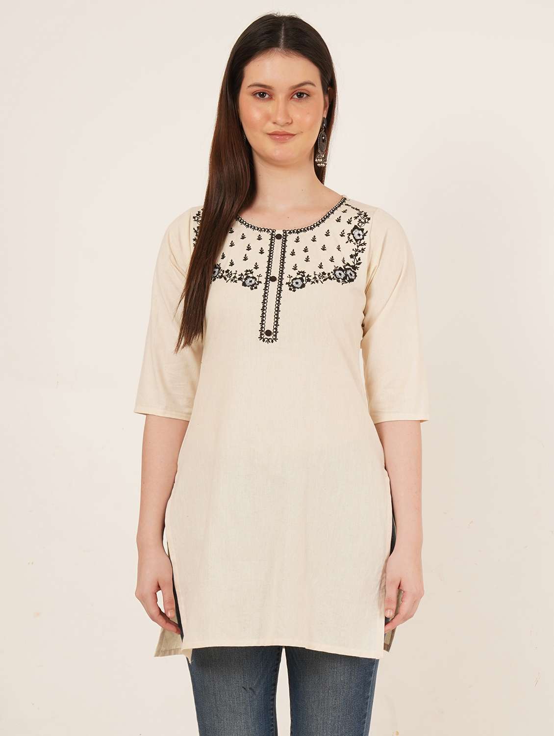 women embroidered three quarter sleeve straight kurti - 22068296 - Standard Image - 2