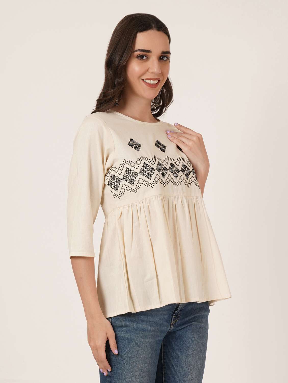women embroidered round neck a-line ethnic top - 22068304 - Standard Image - 2