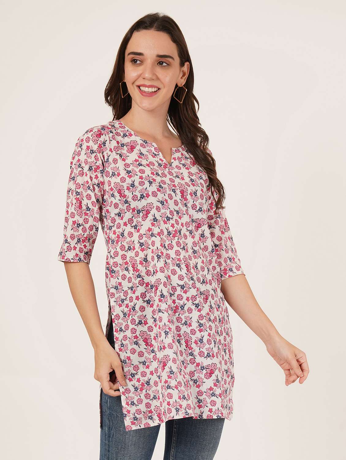 women floral printed three quarter sleeve straight kurti - 22068311 - Standard Image - 2