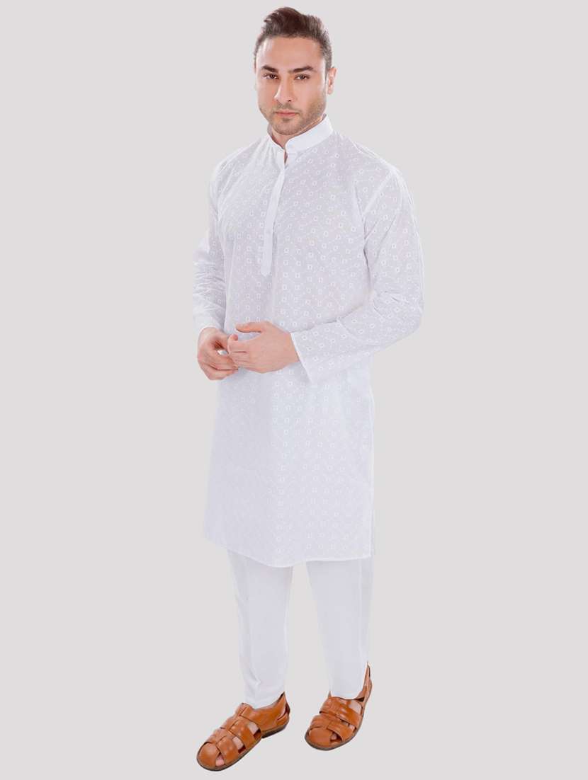 men solid with work mandarin neck long kurta - 22068366 -  Standard Image - 2