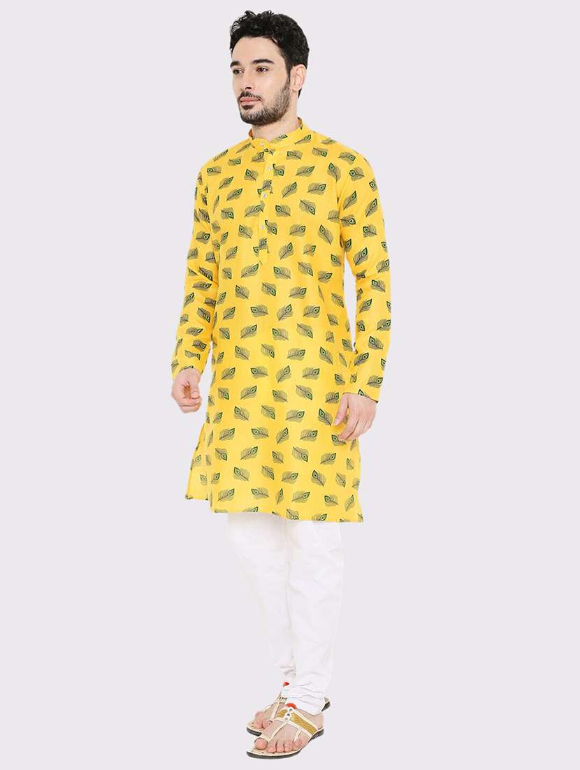 men printed mandarin neck long kurta