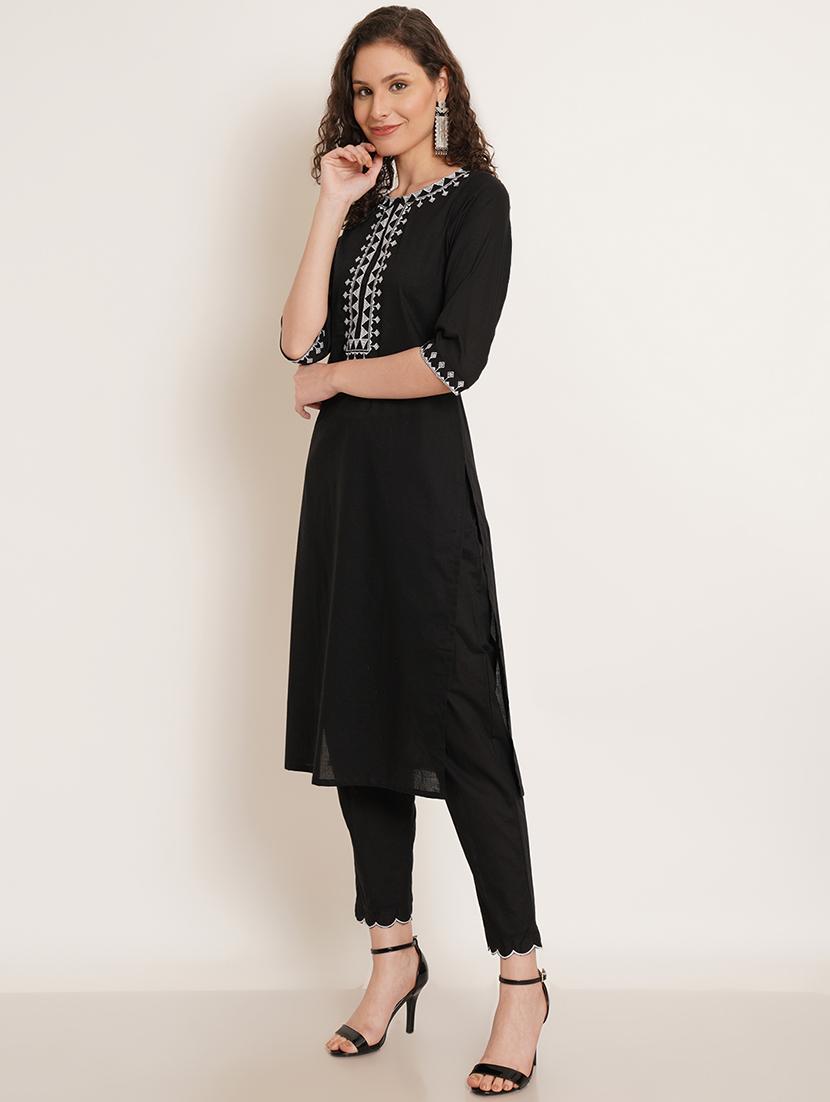 women solid with work three quarter sleeve kurta pant set - 22068456 - Standard Image - 2