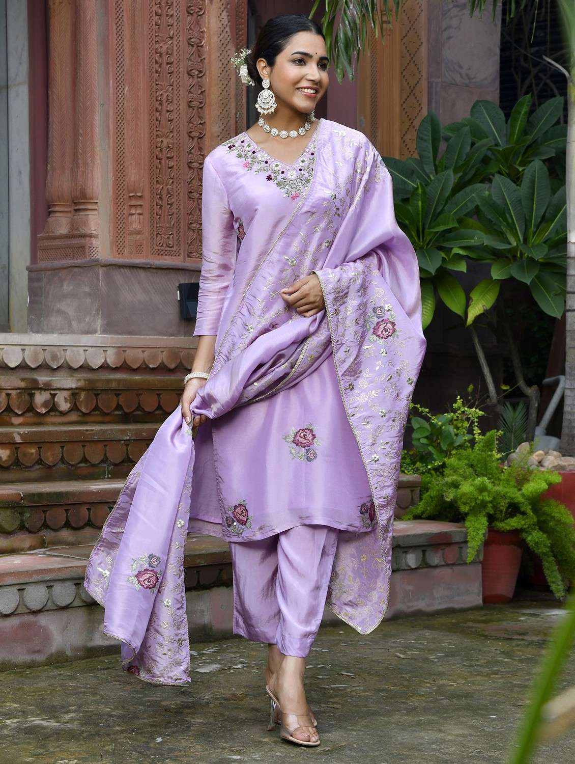 women three quarter sleeve kurta pant with dupatta set