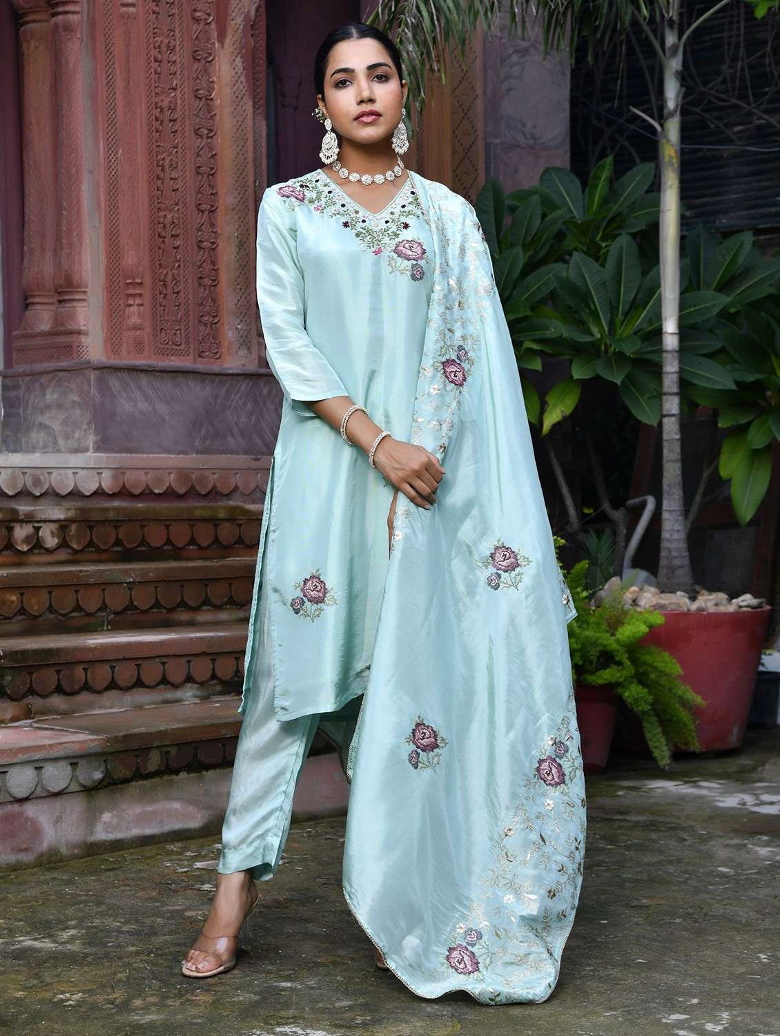 women three quarter sleeve kurta pant with dupatta set