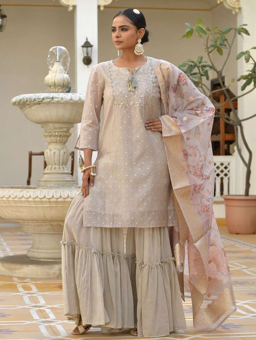 women three quarter sleeve kurta sharara with dupatta set