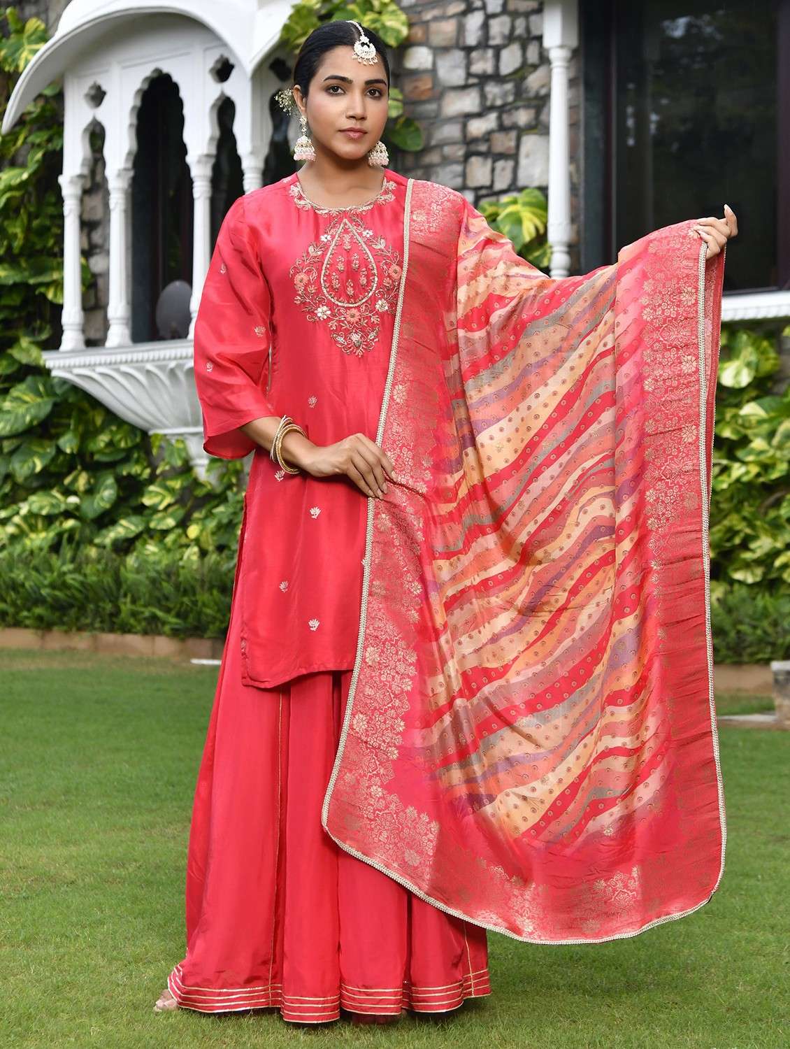 women three quarter sleeve kurta pant with dupatta set