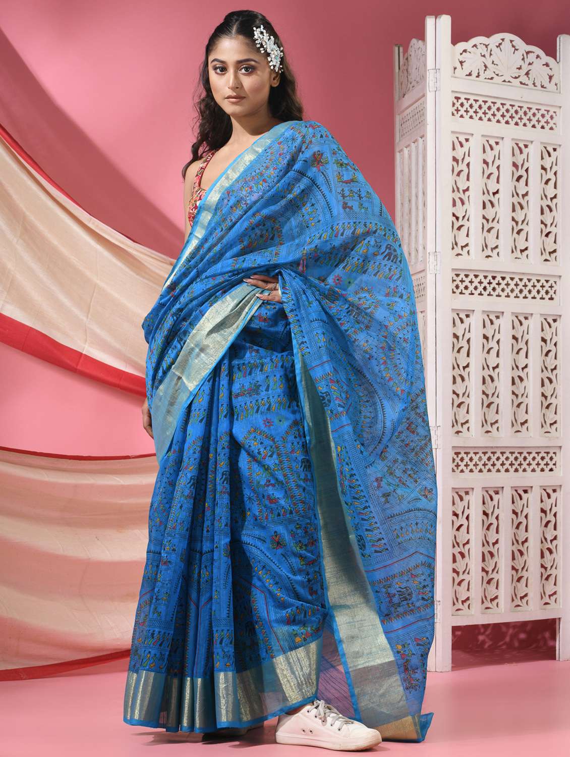 women warli printed handloom saree with blouse