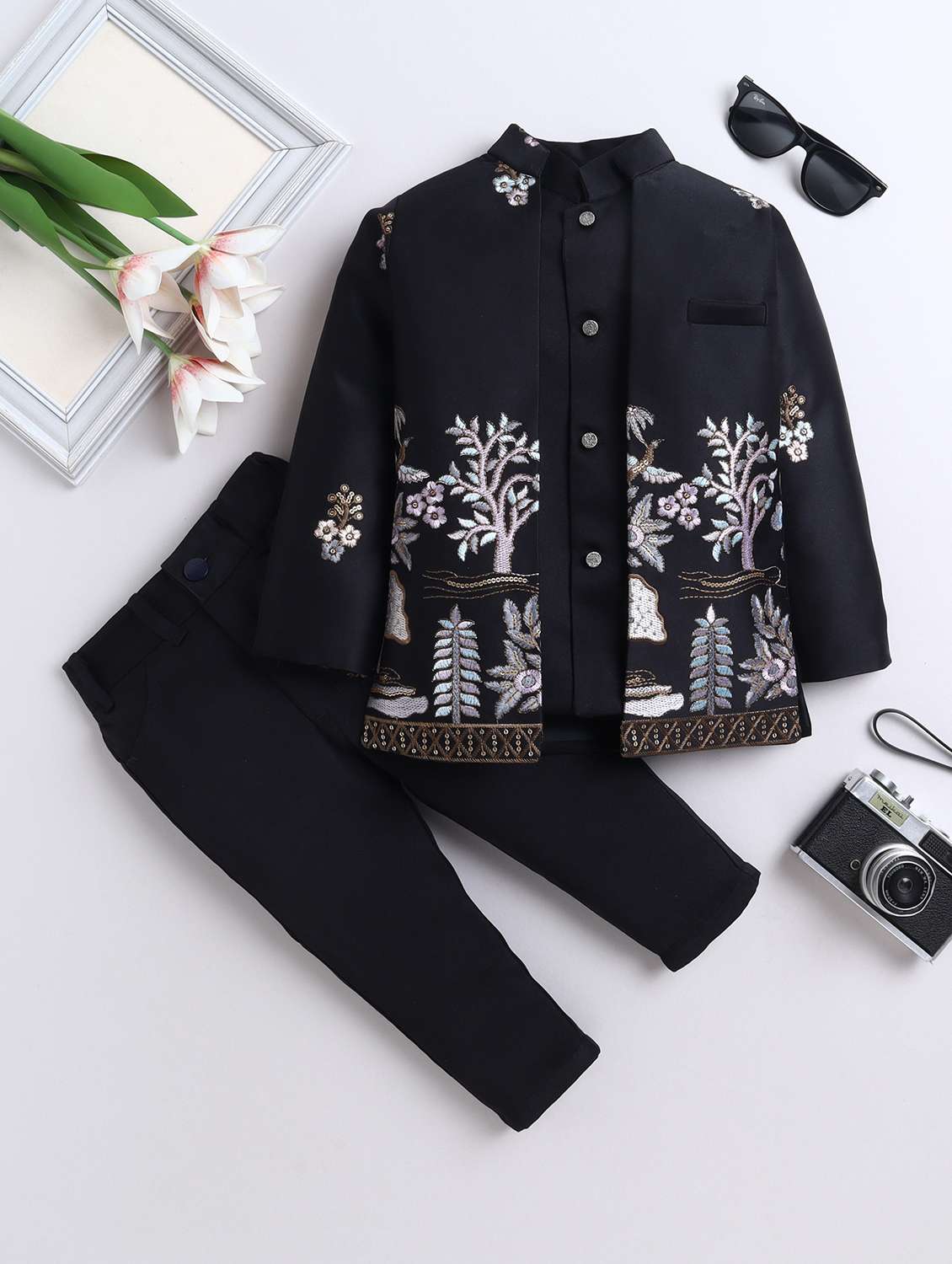 boys black embroidered sherwani set