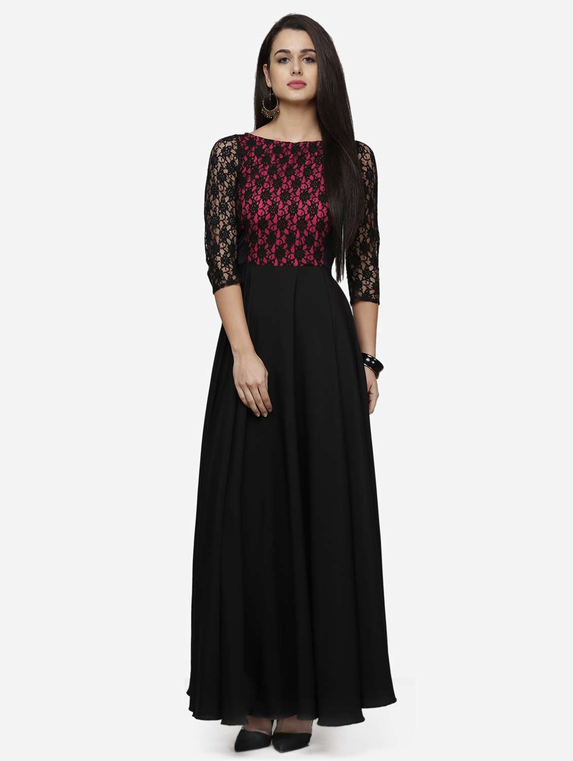 women solid boat neck lace fit & flared dress