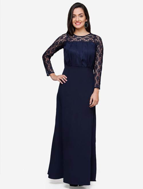 women solid long sleeve lace fit & flared dress - 22068793 - Standard Image - 0