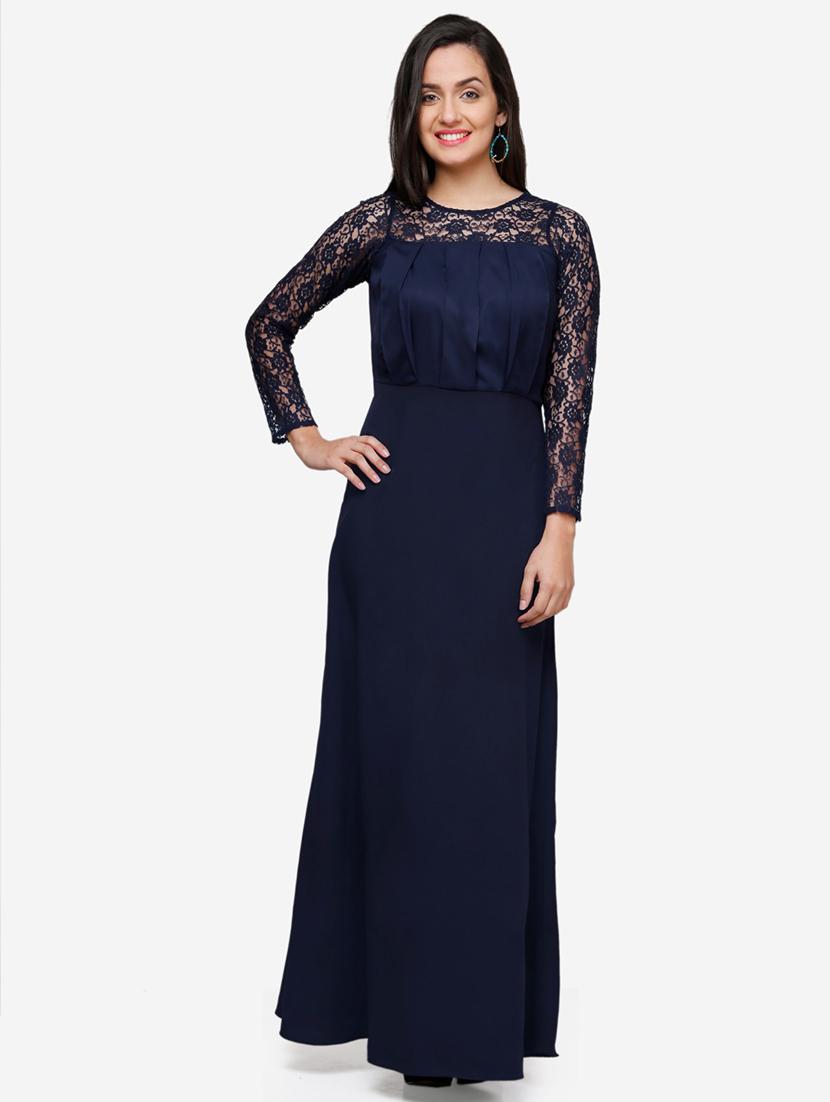 women solid long sleeve lace fit & flared dress - 22068793 - Zoom Image - 0