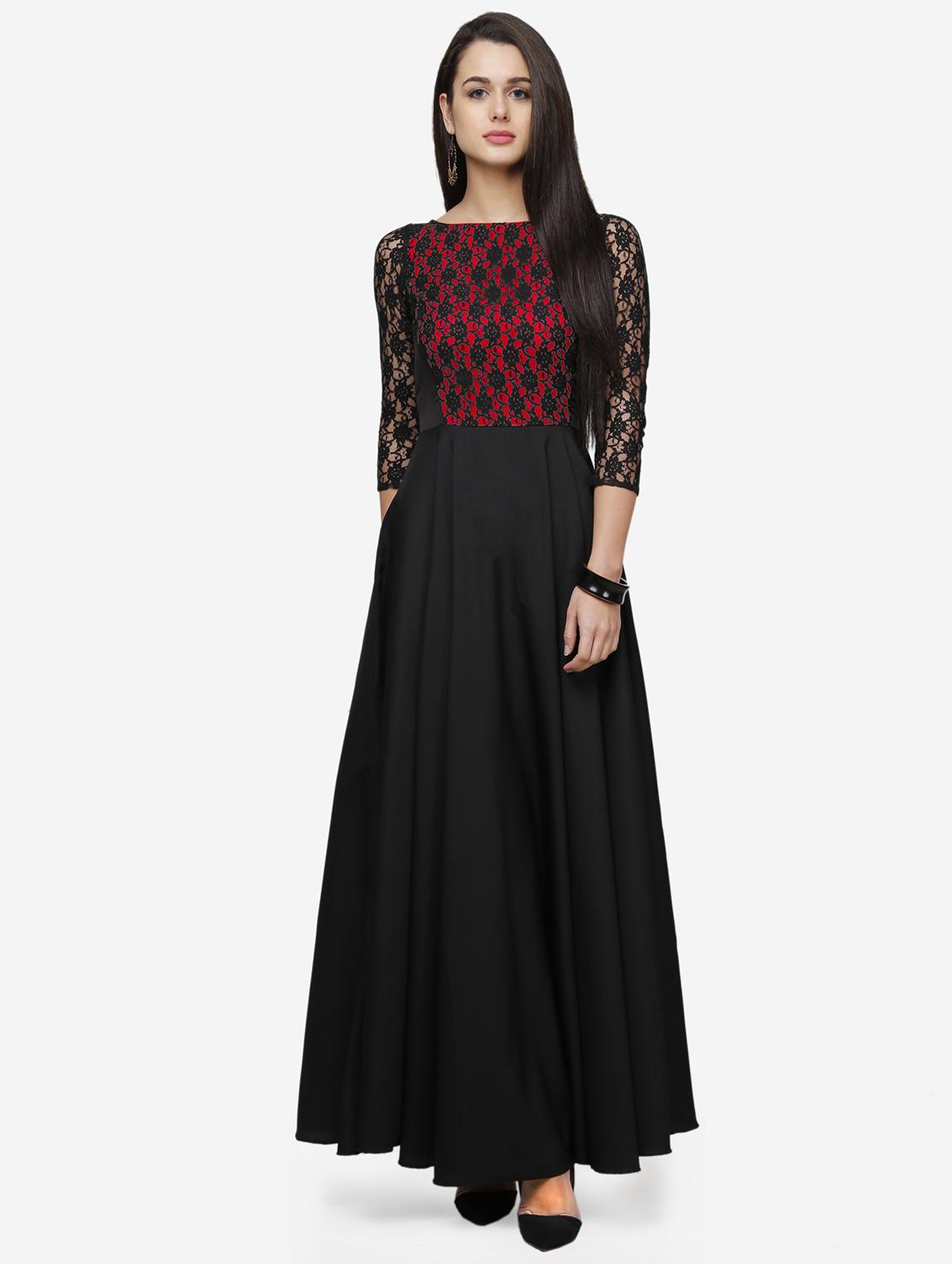 women solid boat neck lace fit & flared dress - 22068795 - Zoom Image - 0