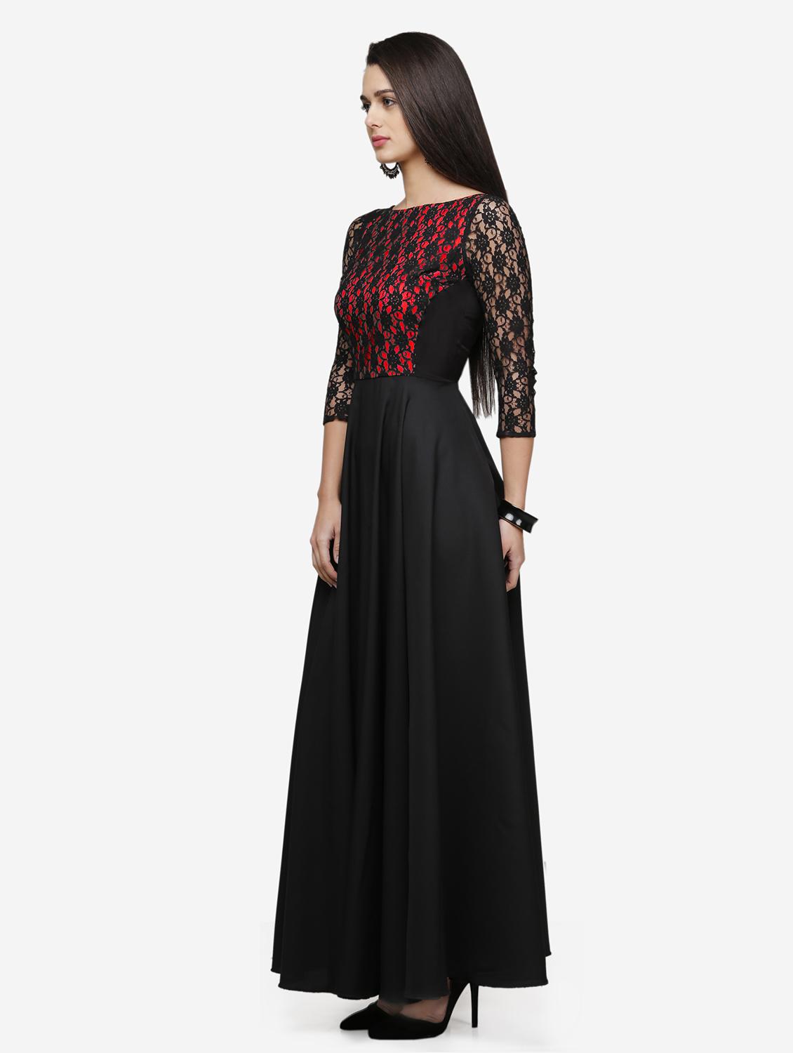 women solid boat neck lace fit & flared dress - 22068795 - Standard Image - 2