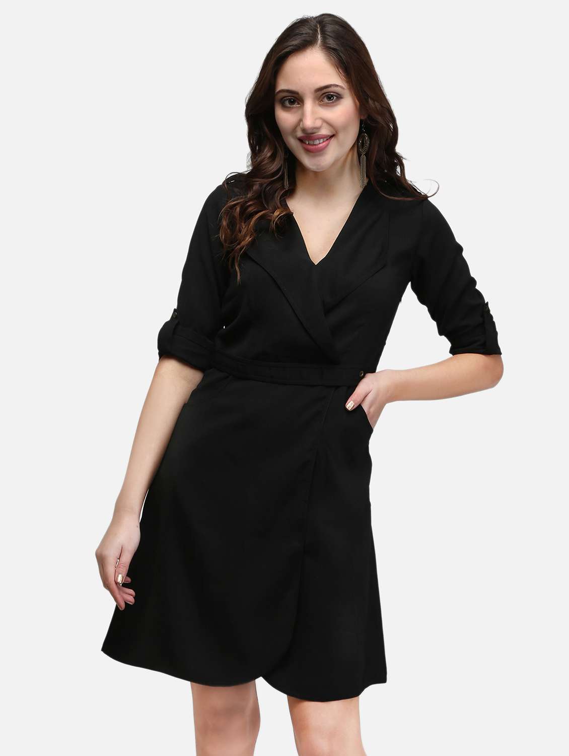 women black solid roll up sleeve wrap dress