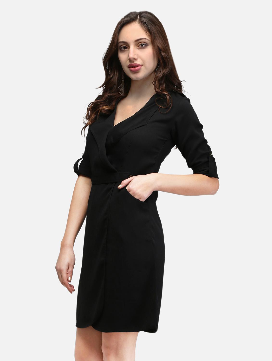 women black solid roll up sleeve wrap dress - 22068796 - Standard Image - 2