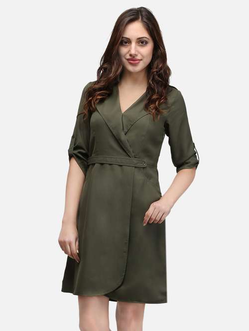 women olive solid roll up sleeve wrap dress - 22068797 -  Standard Image - 0