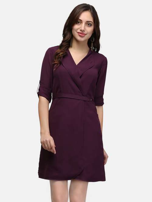 women black solid roll up sleeve wrap dress - 22068798 -  Standard Image - 0