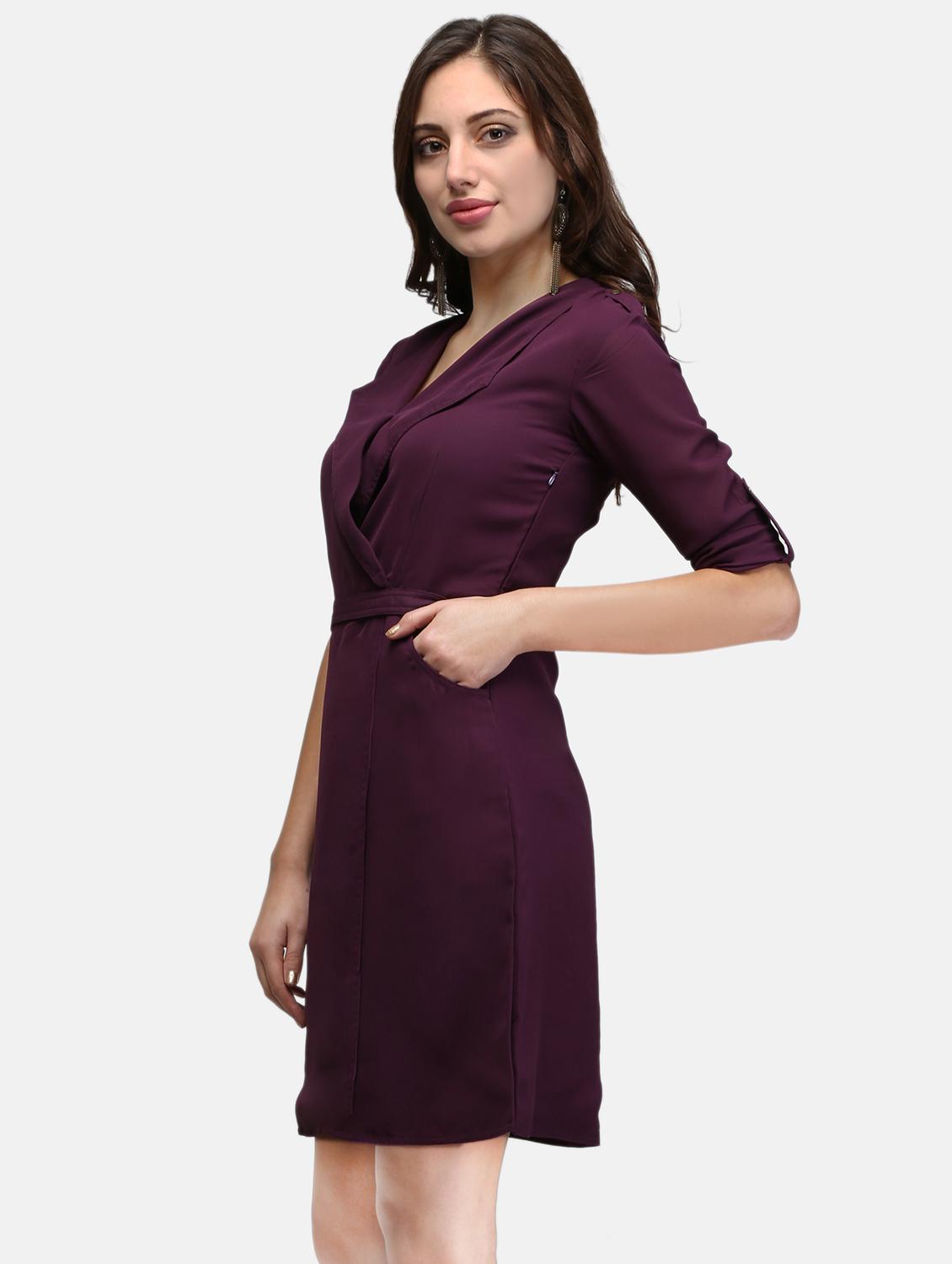 women black solid roll up sleeve wrap dress - 22068798 - Standard Image - 2
