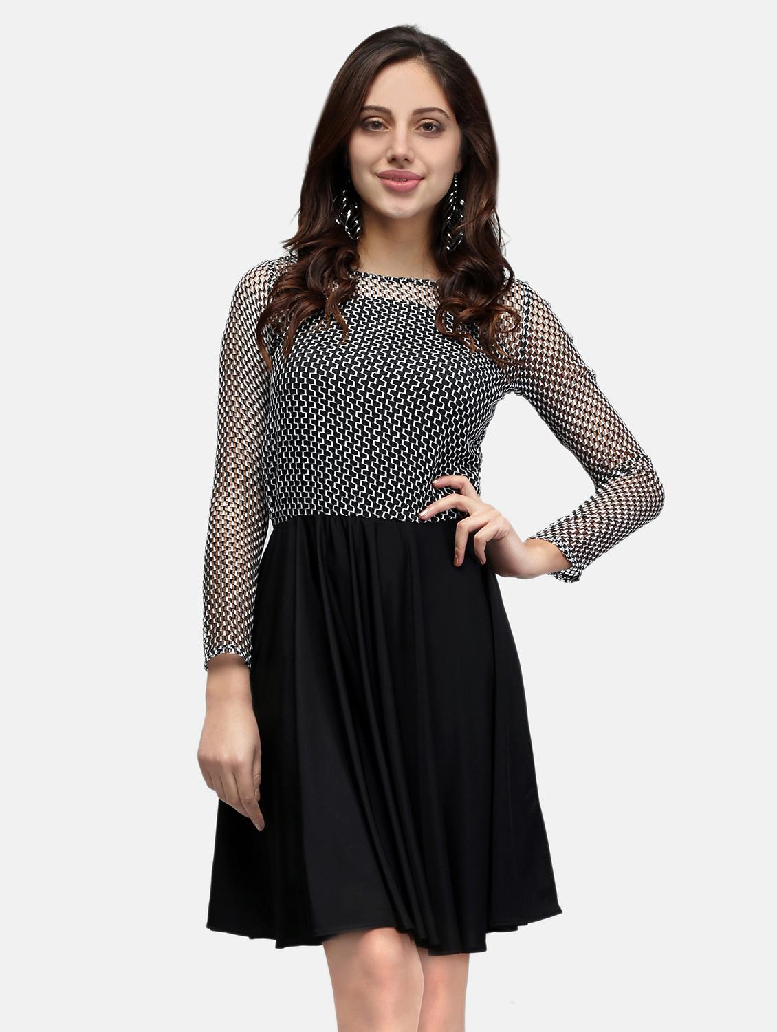 women black long sleeve lace fit & flare dress - 22068799 - Zoom Image - 0