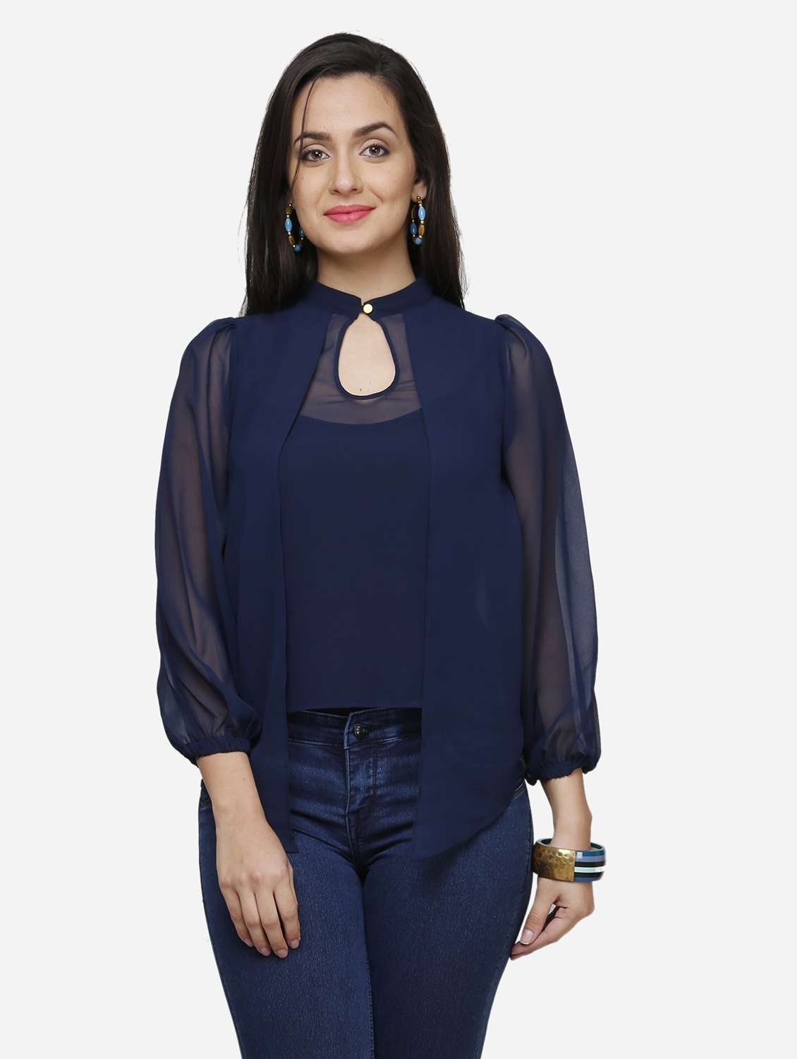 women blue solid puff sleeve layered top