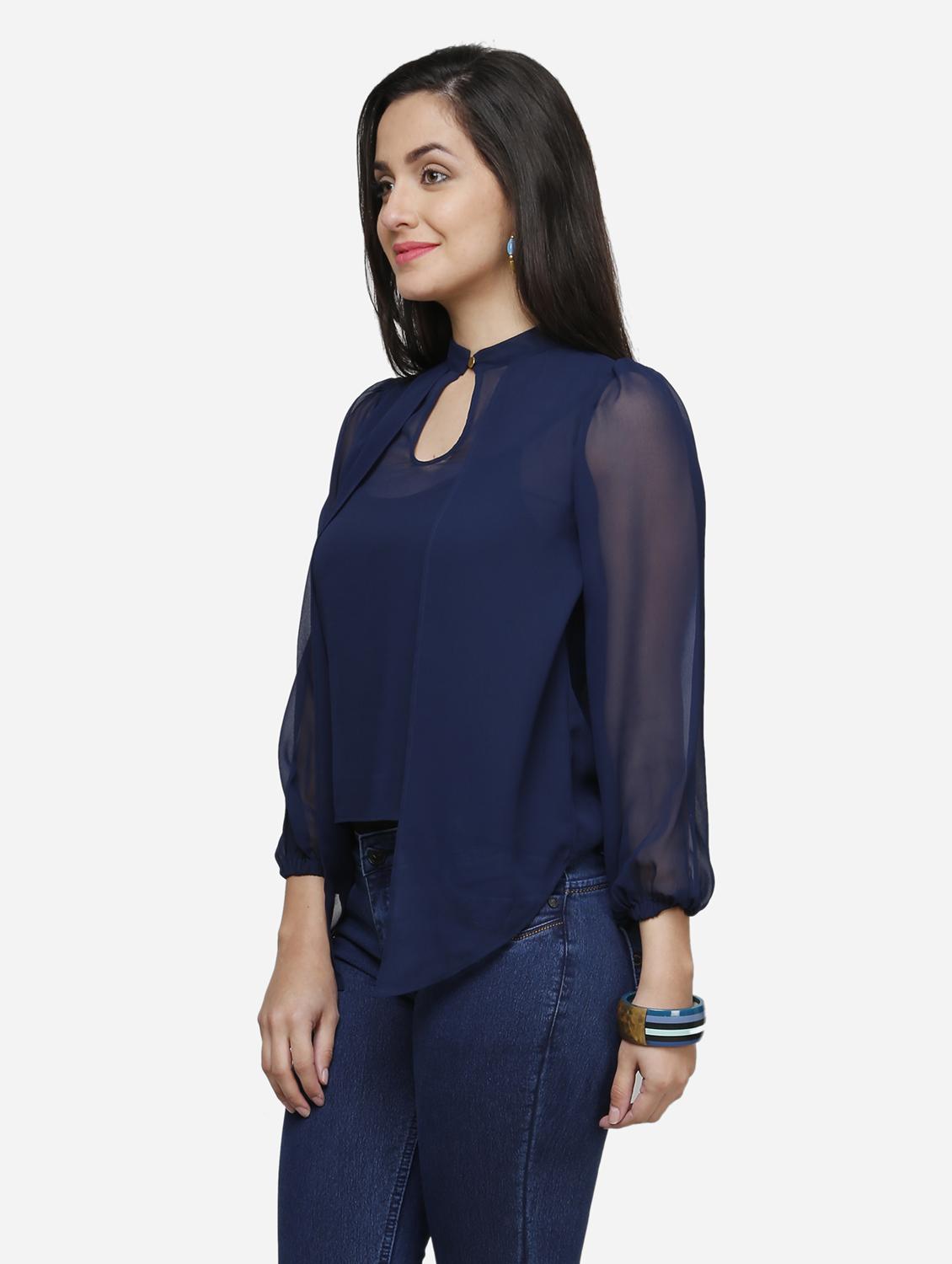 women blue solid puff sleeve layered top - 22068802 - Standard Image - 2