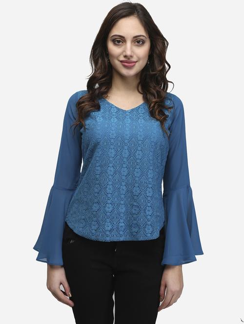 women blue solid bell sleeve lace top - 22068804 - Standard Image - 0