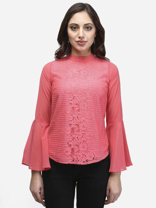 women peach solid bell sleeve lace top - 22068805 - Standard Image - 0