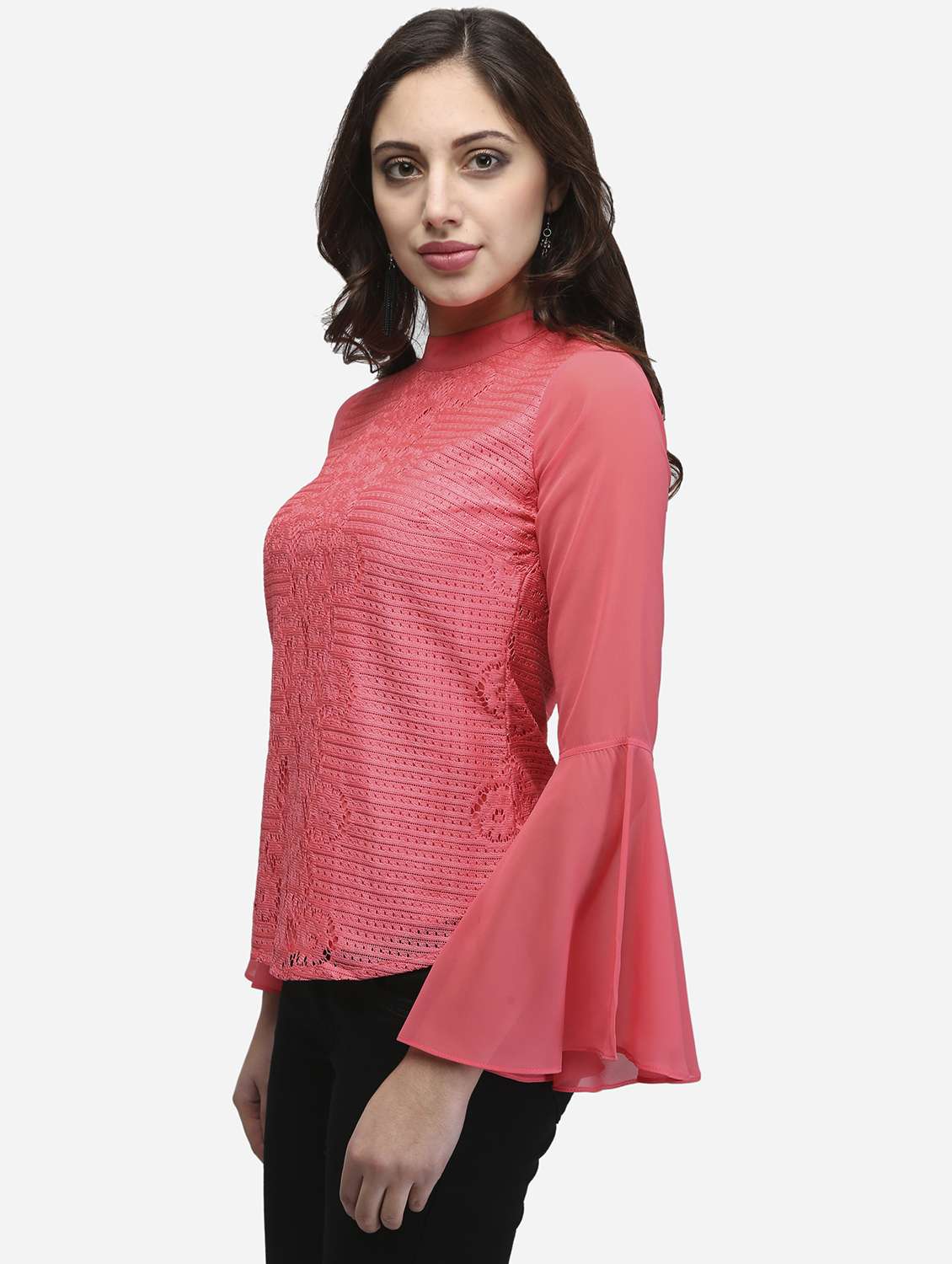 women peach solid bell sleeve lace top - 22068805 - Standard Image - 2
