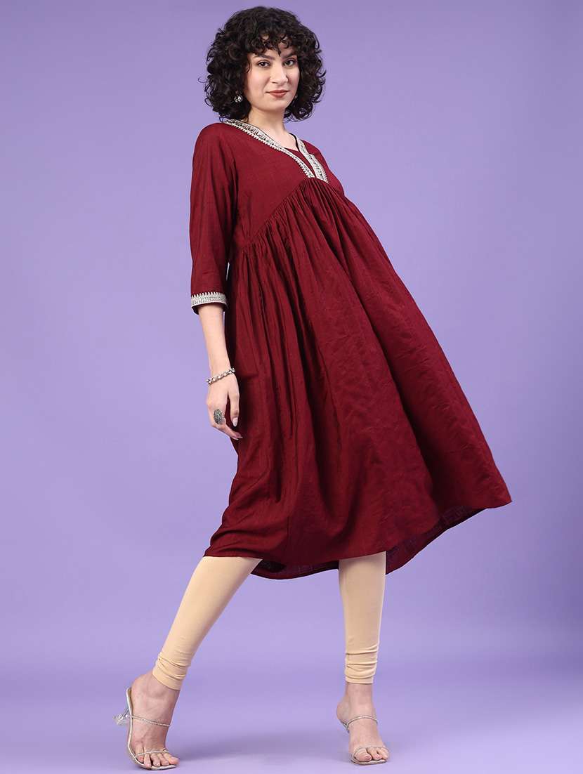 women solid three quarter sleeve a-line kurta - 22068945 -  Standard Image - 2
