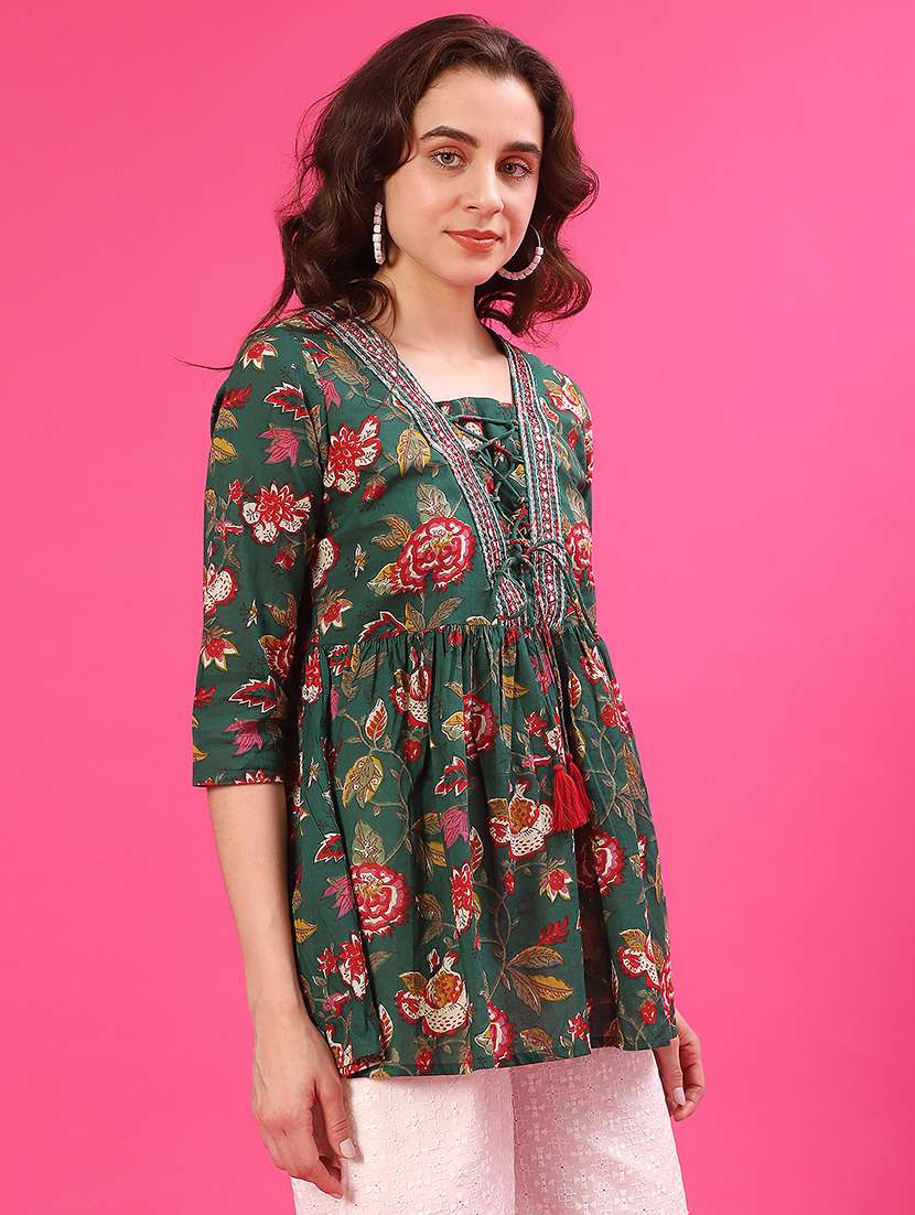 women floral printed three quarter sleeve flared kurti - 22069048 -  Standard Image - 2