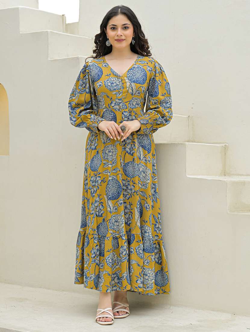 tiered maxi dress mustard floral print rayon - 22069135 -  Standard Image - 2