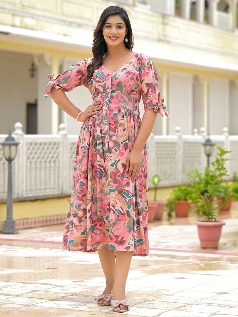 women printed puff sleeve fit & flare dress - 22069141 -  Standard Image - 2