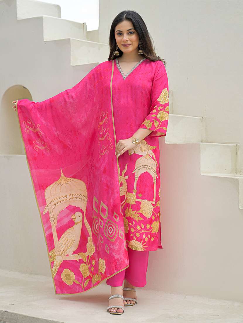 women printed three quarter sleeve kurta pant with dupatta set - 22069215 - Standard Image - 2