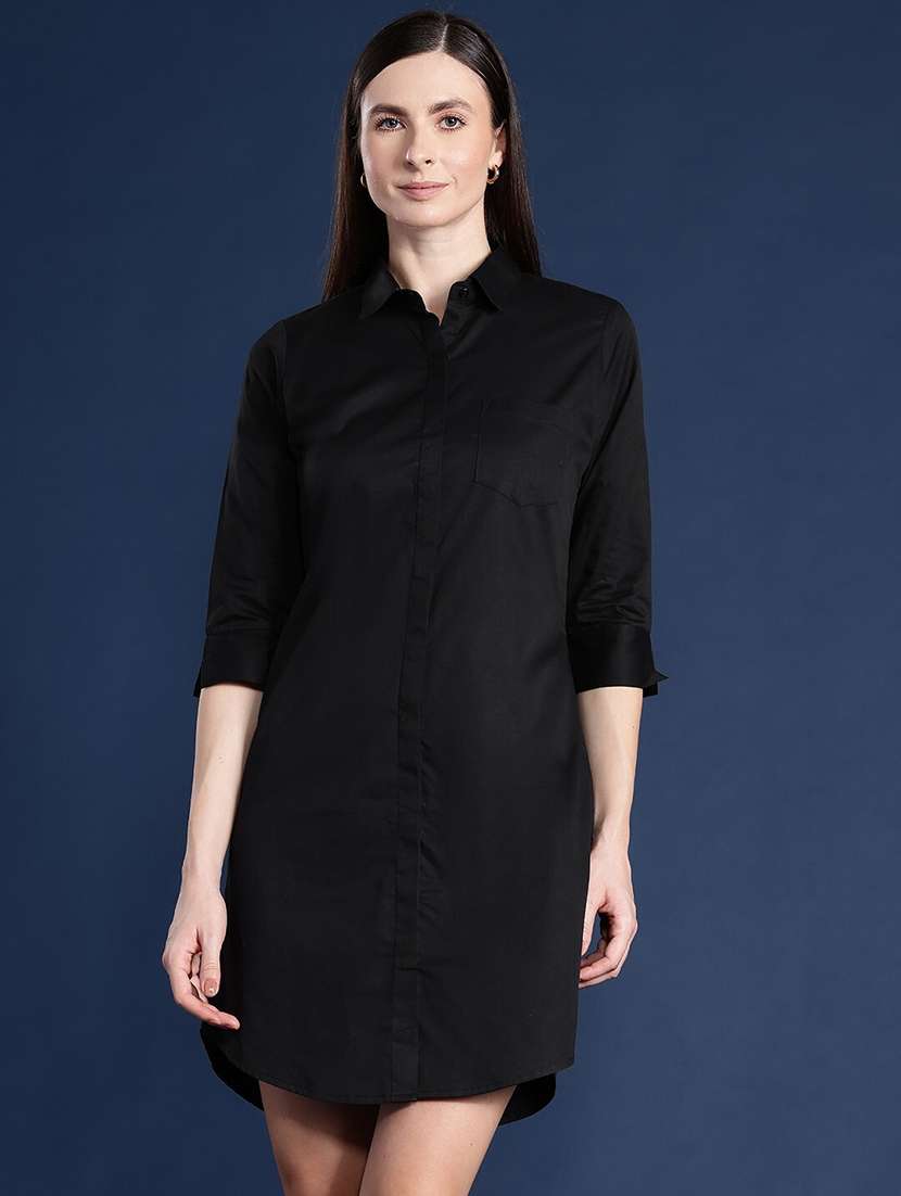women solid collared shirt dress