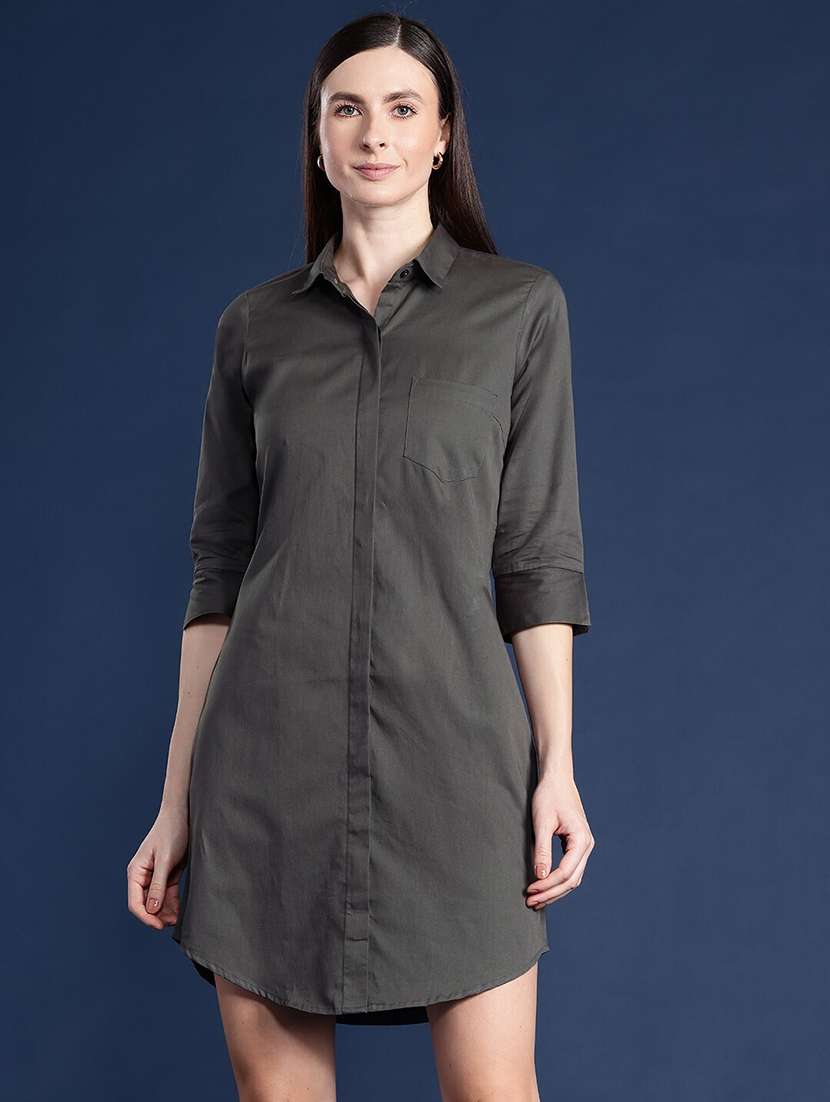 women solid collared shirt dress