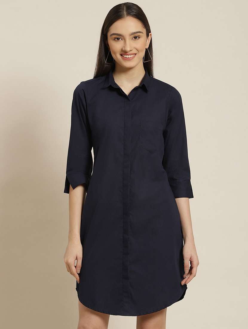 women solid collared shirt dress