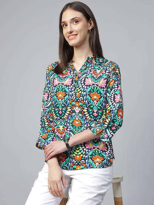 women printed three quarter sleeve regular fit top - 22069437 - Standard Image - 0