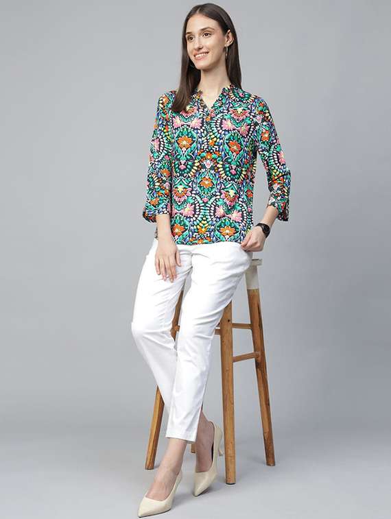 women printed three quarter sleeve regular fit top - 22069437 - Standard Image - 2