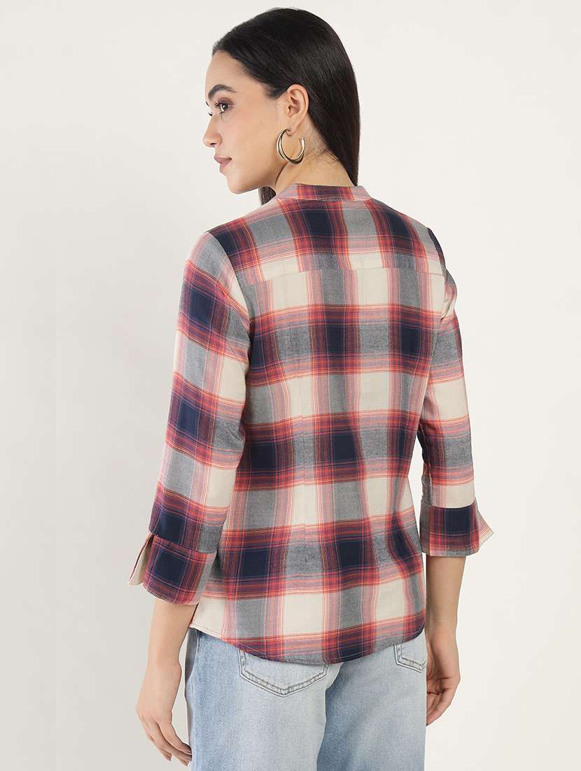 women checkered three quarter sleeve regular fit top - 22069454 - Standard Image - 2