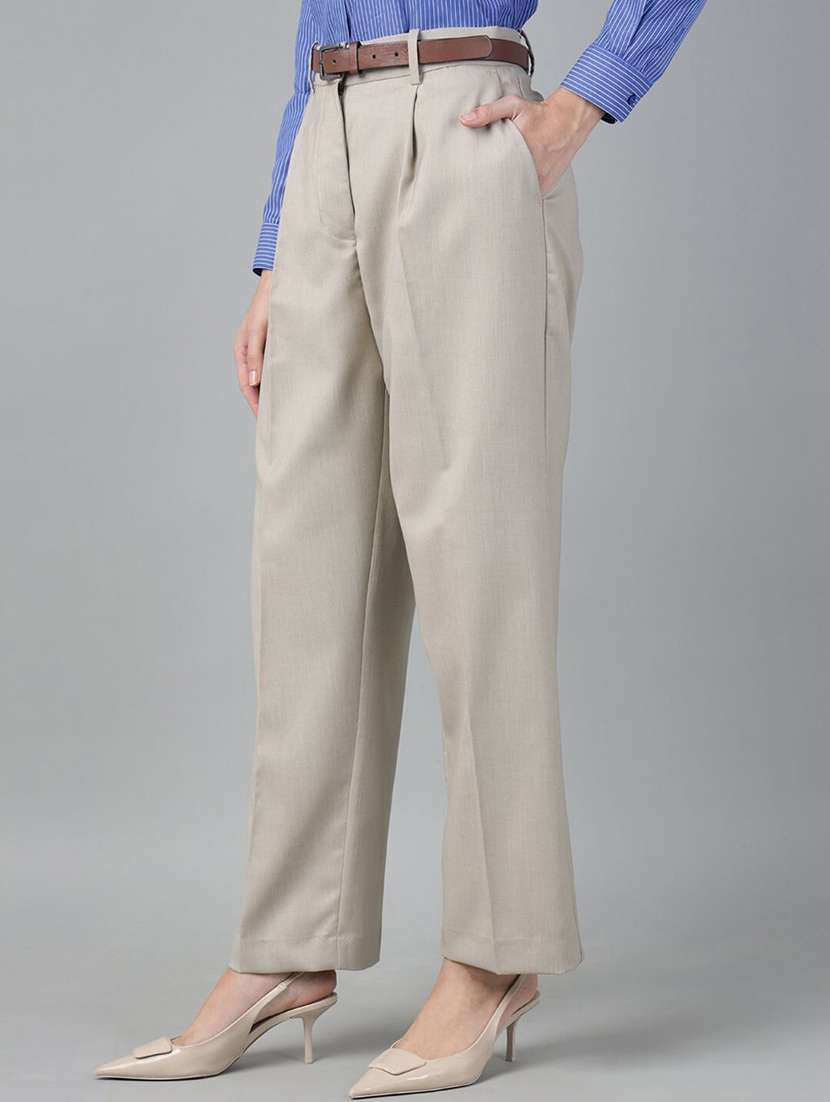 women solid high rise straight trouser
