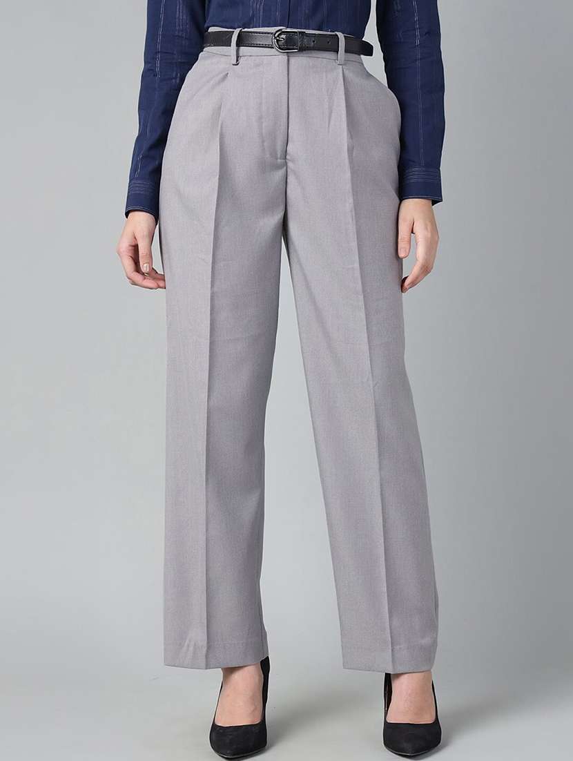 women solid high rise straight trouser