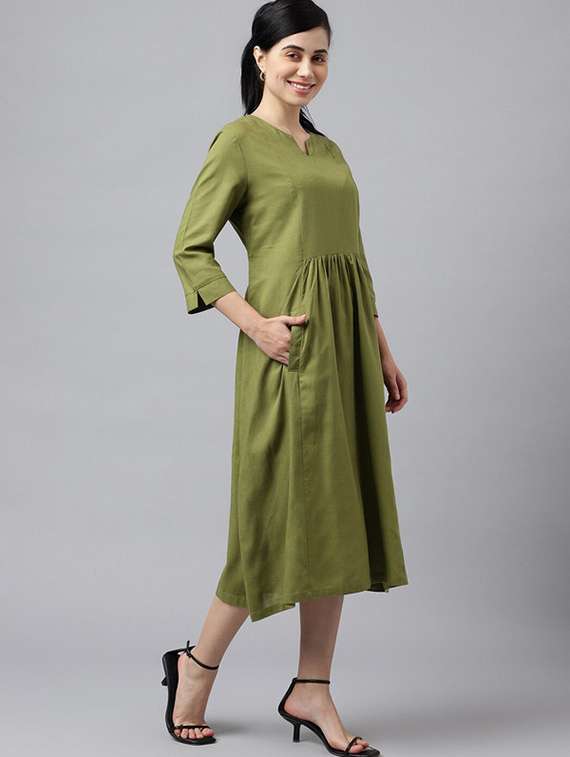 women olive solid notch neck a-line dress - 22069495 -  Standard Image - 2