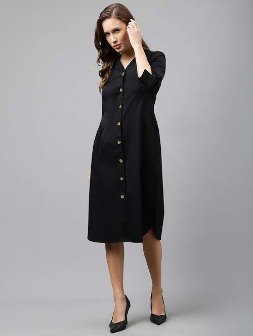 women black solid v-neck shirt dress - 22069502 - Standard Image - 0