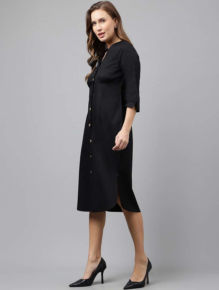women black solid v-neck shirt dress - 22069502 - Standard Image - 2